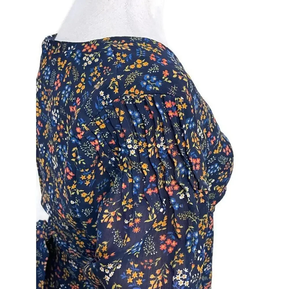 Madewell Cross Front Floral Flutter Sleeve Faux Wrap A Line Tie Dress Blue 4 - Picture 3 of 9